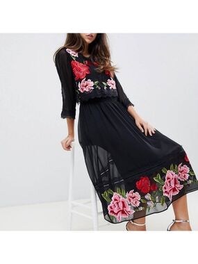 ASOS 8 Floral Embroidered Tea Length Midi Dress
